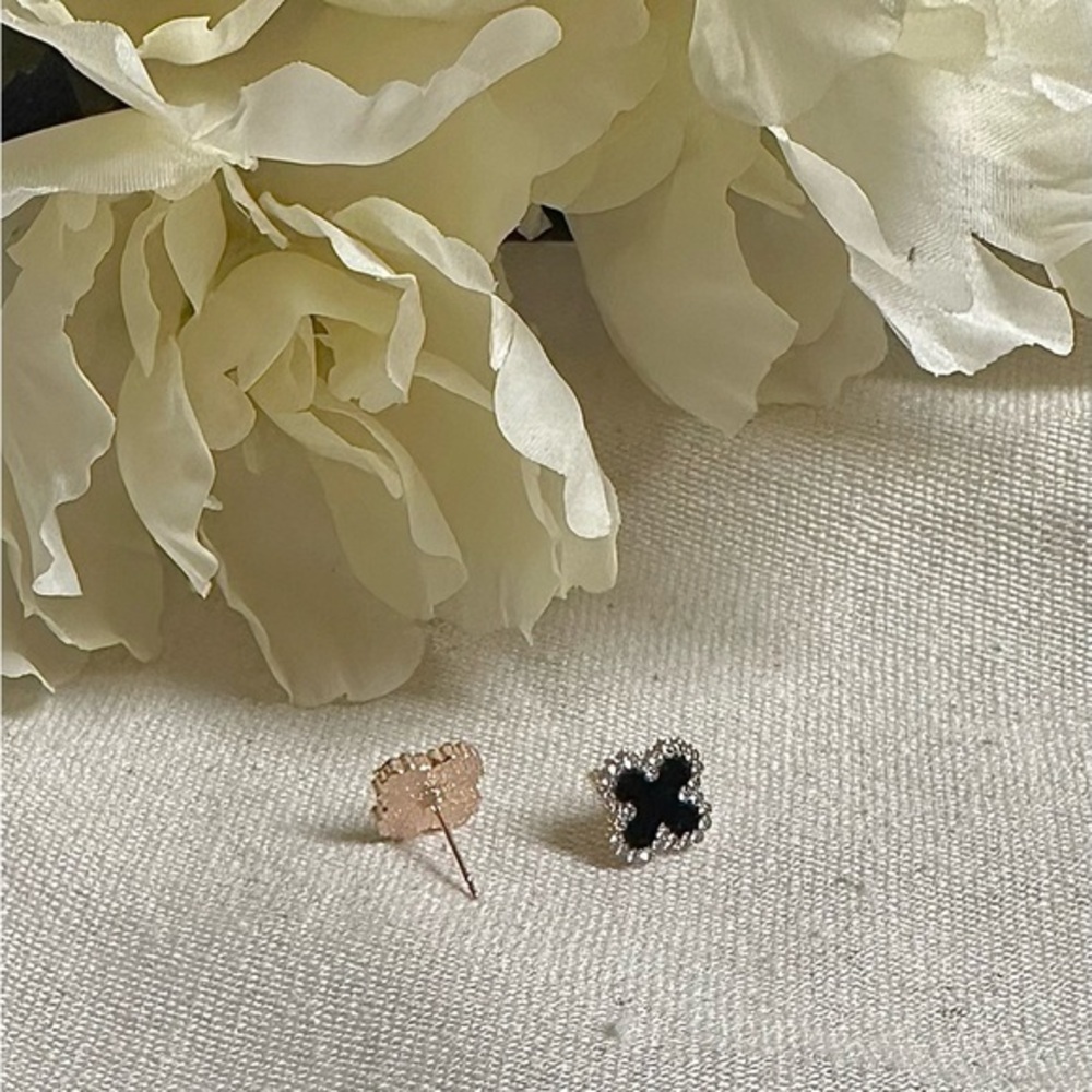 Rose Gold Four Leaf Clover diamond Black Enamel Earrings medium 13mm